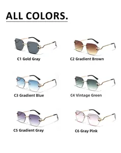Frameless polygonal sunglasses displayed in six assorted gradient lens colors with gold temples
