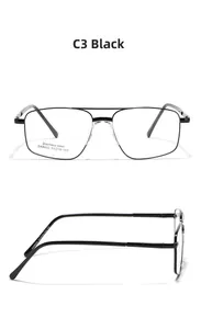 Detail view of black stainless steel square double bridge glasses frames with dimensions