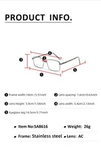 Detailed sizing chart and specifications for rectangle stainless steel optical glasses frame