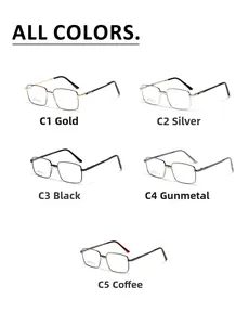 Selection of rectangular metal eyeglass frames in gold silver black gunmetal and brown