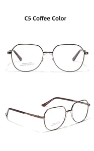 Macro detail of coffee brown polygonal metal glasses frame with stainless steel temples