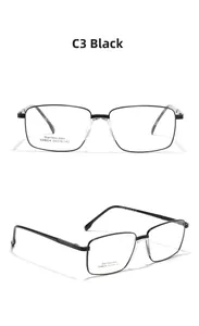 Detail view of black stainless steel square glasses frames showing front and side profile