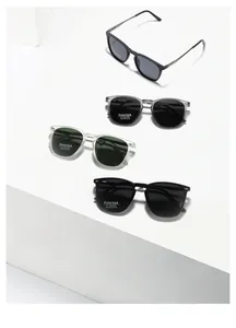 Four TR90 polarized sunglasses in different colors displayed on geometric podiums