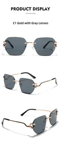 Detail of rimless geometric sunglasses with gold leopard head temple and dark grey lens