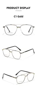 Detailed three-view shots of double-bridge square eyewear frames in black and gold metal