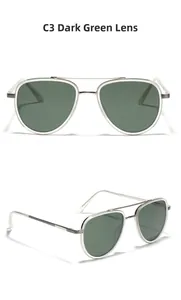 Detail view of aviator sunglasses with silver metal frame and dark green lenses