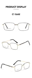 Detail view of rectangular metal glasses frame SA8616 showing gold stainless steel temple