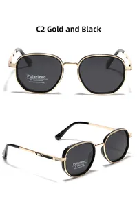 Vue détaillée des lunettes de soleil TR90 TAC polarisées or et noir avec sticker UV400