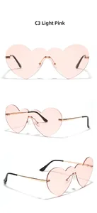 Trois vues de lunettes de soleil cœur sans monture avec verres rose clair et branches en or