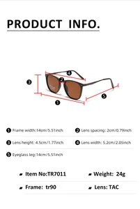 Size chart for TR90 polarized sunglasses showing 14cm frame width and TAC lens specs