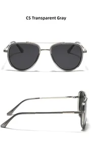 Detailed side view of TR90 sunglasses showing silver textured temples and dimensions