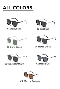 Collection of polarized TR90 square sunglasses in seven diverse colors and matte finishes