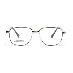 Retro double-bridge square metal glasses in black and gold stainless steel frame