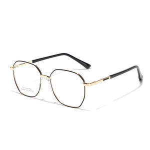 Golden polygon stainless steel eyeglasses with black temple detail for women