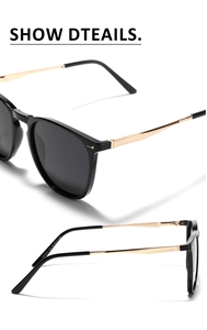 Detailed view of square TR90 sunglasses with gold metal temples and size model TR7011