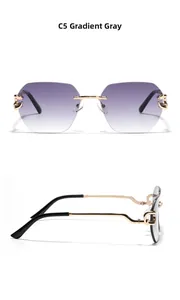 Detail of C-shaped metal hinges and gradient grey lenses on rimless sunglasses