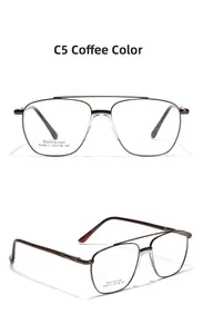 Detail view of coffee brown stainless steel double bridge square aviator glasses frame