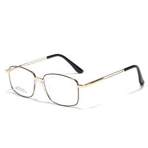 Retro square stainless steel optical glasses frame in gold finish with black temple tips