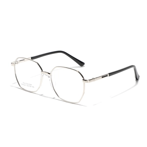Modern polygonal silver stainless steel frame glasses with black temple tips