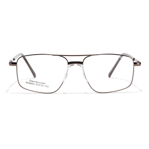 Retro double bridge square metal glasses frame with stainless steel finish in coffee color