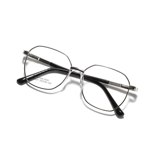 Black polygonal stainless steel eyeglass frame with minimalist hexagonal metal design