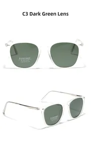 Detailed view of polarized sunglasses with green lenses and transparent TR90 frames