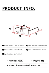 Detailed size measurement chart for vintage rectangular stainless steel eyeglasses frames