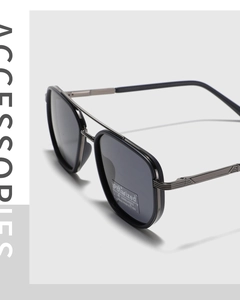 Detail of polarized sunglasses with metal double bridge and anti-slip textured temples