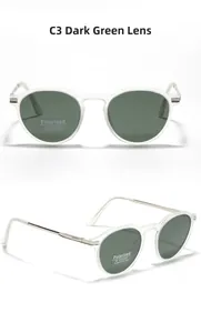 Detail view of small round polarized TR90 sunglasses with UV400 green lenses and metal arms