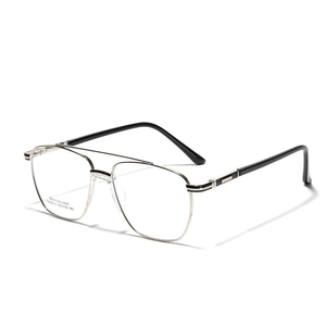 Silver stainless steel double-bridge pilot frame eyeglasses with black temple tips