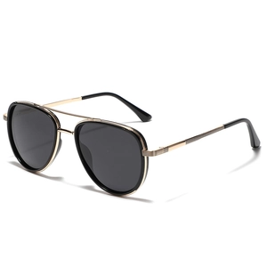 Polarized TR90 sunglasses with gold metal frame and black lenses in aviator style
