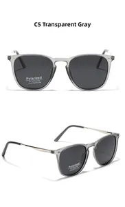 Detail view of transparent grey TR90 frame with polarized UV400 lenses and metal temple
