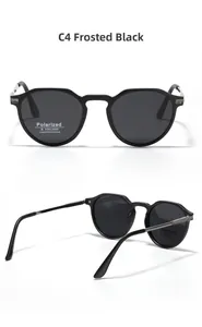 Detail of matte black TR90 polarized sunglasses showing UV400 logo and metal hinge carving