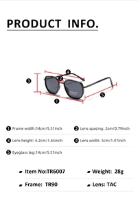 Detailed dimension guide for TR90 polarized sunglasses showing frame width and lens size