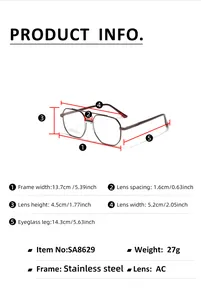 Size chart showing exact dimensions and weight of the square stainless steel glasses frame