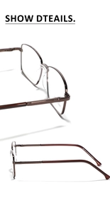 Detailed view of dark brown metal glasses frames with knurled temples and square shape