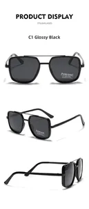 Detailed views of shiny black TR90 square polarized sunglasses with UV400 protection