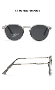 Macro detail of transparent grey polarized sunglasses with silver metal hinge accents