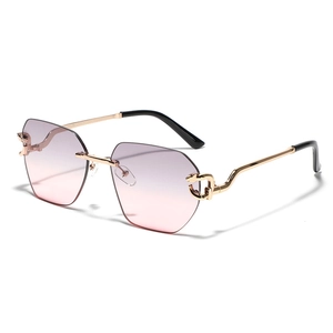 Polygonal rimless sunglasses with purple gradient lenses and cheetah head hinge detail