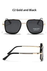 Detail of TR90 polarized sunglasses showing black gold frame and textured metal temples