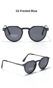 Detail of matte blue polarized sunglasses featuring TR90 frame and UV400 protection