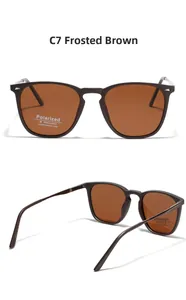 Macro detail of TR90 polarized sunglasses in matte brown showing UV400 lens and frame specs