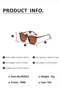Size chart showing exact frame width lens height and TR90 materials for polarized sunglasses