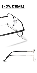 Detailed view of square metal eyeglass frame featuring size specs and saddle nose bridge