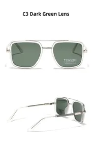 Detail of polarized sunglasses with green lenses and silver double-bridge TR90 frames