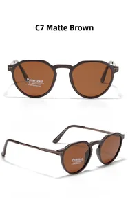 Detail of matte tea polarized sunglasses showing TR90 frame specs and striped metal hinge
