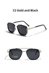 Detailed front and side view of gold and black TR90 pilot sunglasses with polarized lenses