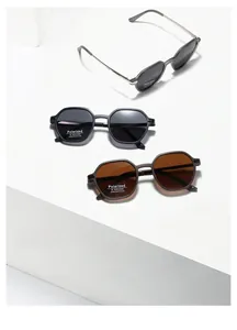 Three pairs of geometric polarized sunglasses with UV400 protection in a modern display