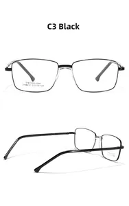 Detail view of black stainless steel square glasses frames showing dimensions and material