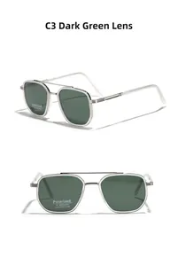 Detail of dark green polarized lenses with silver metal double bridge frame and UV400 label